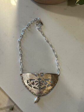 Vintage Silver Tone  Pendant Necklace With Intricate Cut-Out Design & Dangle Cha